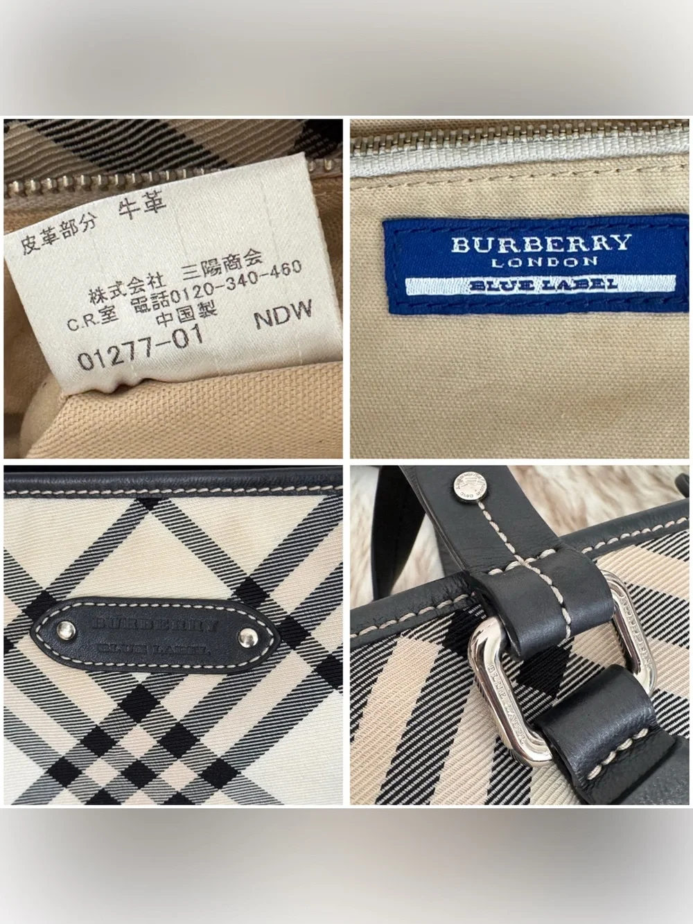 Vintage Burberry London Blue Label Black & Cream Check Shoulder Tote Bag